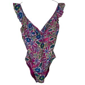 Stella Parker Collection Pink Tropical Floral Ruffle One Piece‎ Swimsuit Large
